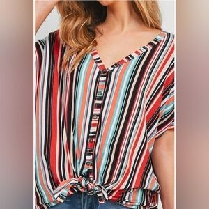 NWOT - V NECK BUTTON FRONT WAIST TIE STRIPE TOP Size Small.